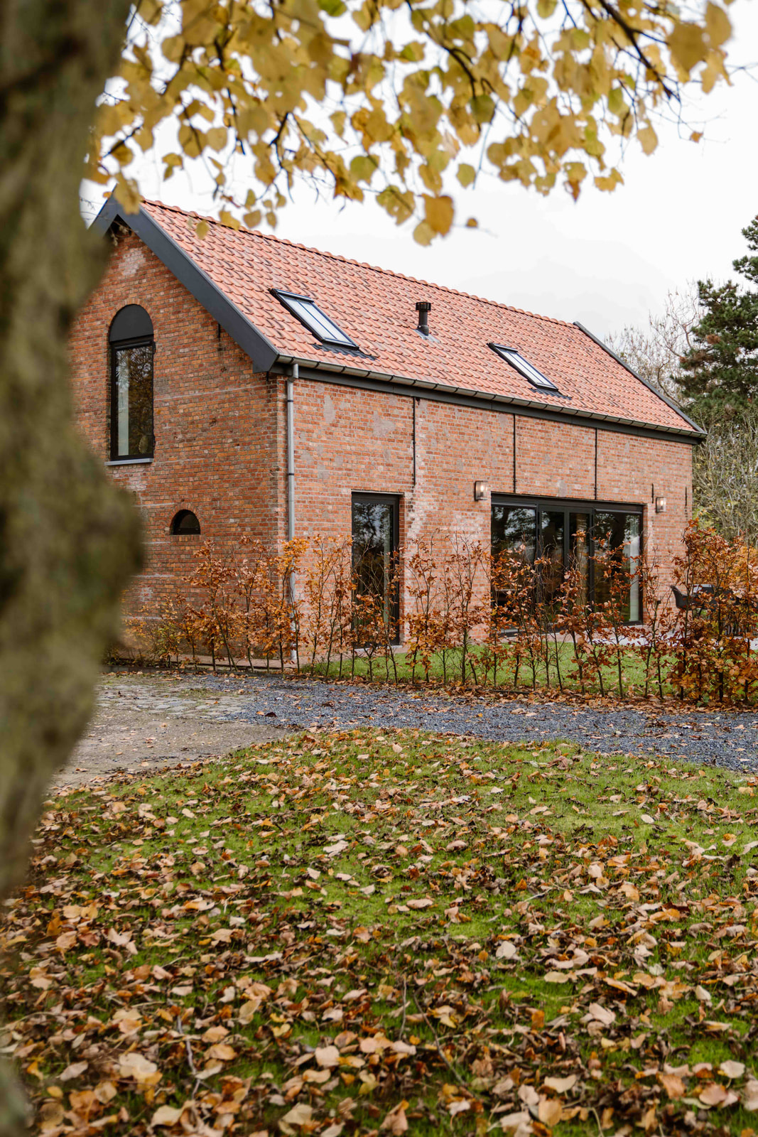 Vakantieboerderij in het najaar met gevallen bladeren